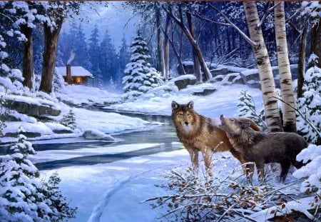 Return to cabin creek - calm, return, cabin, wolf, creek, snow, stream, forest, path, frost, nice, trees, winter, beautiful, snowy, lovely, wolves, village, ice, frozen, snowing, painting, cold, serenity