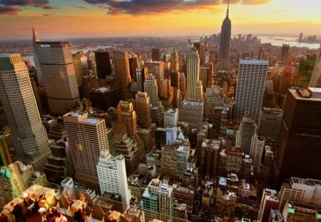 sunset on new york city - city, sunset, skyscrapers, clouds