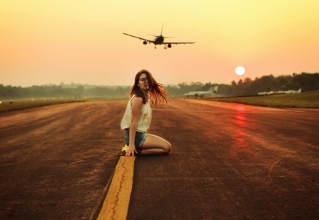 Runway - aircraft, sunset, people, female