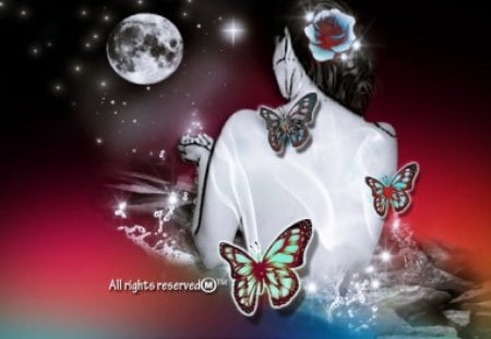 Magical Journey - moon, butterflies, her, beauty, sparkles, fantasy, journey, rose, waters