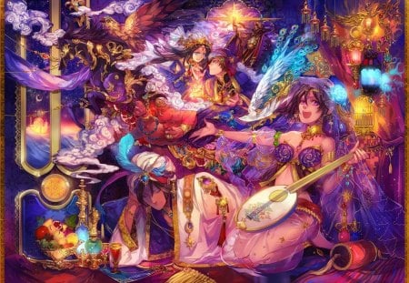 Anime couple - anime, yellow, blue, lamp, pink, man, happy, music, guitar, arabian, purple, fruits, art, jasmine, girl, feather, love, flower, lantern, manga, peacock, woman, rose, aladin, couple