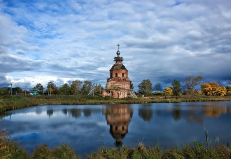 chapel by a lake - reflections, clouds, tress, lake, church