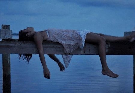 woman - water, people, woman, painting, dock