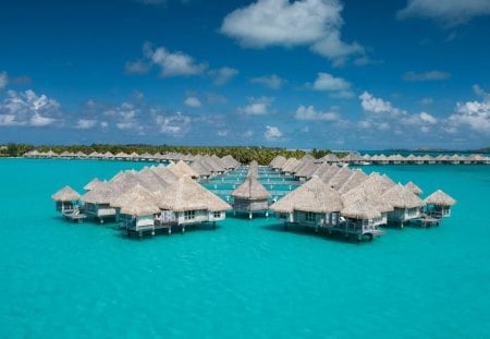 St Regis Hotel Bora Bora - beach bungalow, ocean, beach, paradise, tropical, hotel, st regis, beach hut, bora bora, blue, lagoon, island, atoll, sea, sand, tahiti