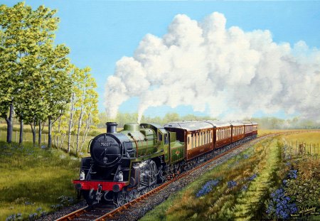 Bluebell - steam, train, painting, railway, landscape