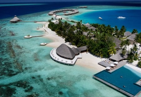 Resort in Maldives - reef, lagoon, Maldives, beach, sea, island, ocean, resort, sand, coral, holiday, tropical, pool, atoll, paradise, hotel