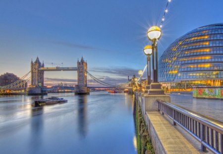 tower bridge on the thames river hdr - modern, river, lamps, hdr, bridge