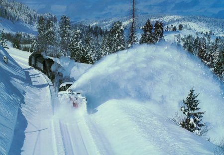 train clearing the track from snow - train, trees, snow, track, plow