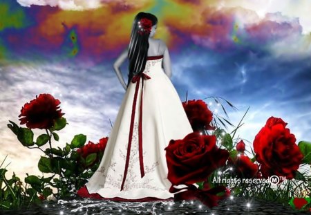 Rose Garden Princess - clouds, roses, gardens, girl, her, beauty, sparkles, rainbows, skies, princess