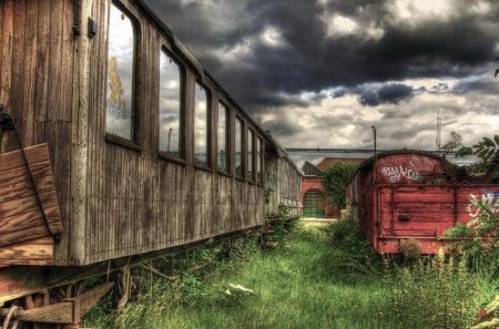 the end of the line hdr - clouds, trains, graffit, old, hdr, grass