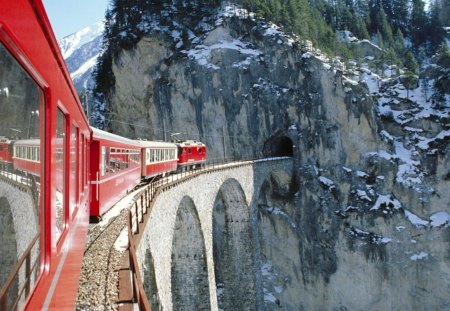 train to a tunnel in the alps - tunnel, bridge, mountains, tarin