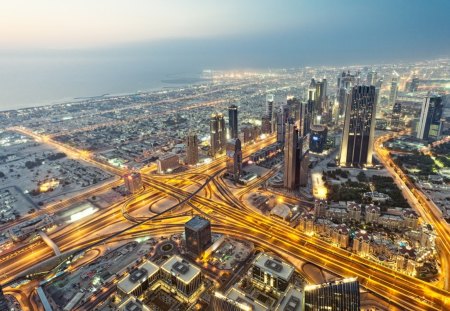 awesome view from burj khalifa dubai - city, streets, sea, dusk, skyscrapers, lights