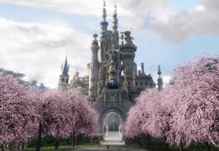 Castle and Landscape of Sakura Trees - shapes, sky, path, purple, window, blossoms, clouds, castle, architecture, grass, land, stone, ancient, daylight, day, nature, blue, towers, gray