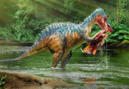 dinosaur hunting - hunting, dinosaur, river, fish, food