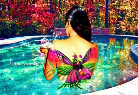 Butterfly Beauty - beauty, trees, girl, pools, fantasy, her, waters, colors, splashes, sparkles, butterflies