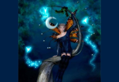 NIGHT FAIRY - MOON, WINGS, FAIRY, FEMALE, NIGHT