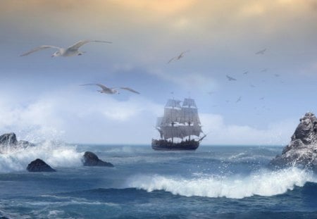 OCEAN SAILS - ship, ocean, sails, waves, birds