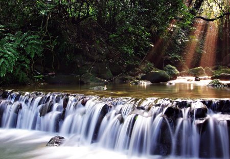 River Waterfall - sunshine, forest, waterfall, river