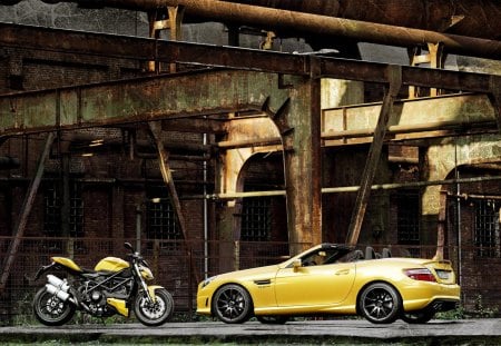 SLK-55-AMG-and-Ducati-Streetfighter - Bike, Car, Yellow, Ducati, Mercedes