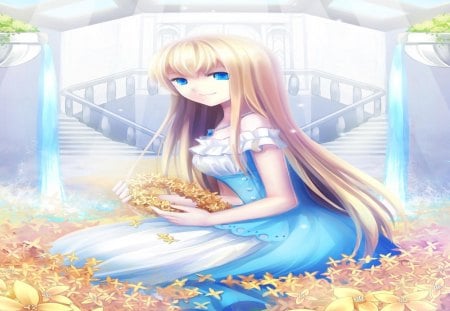 Golden Princess - princess, girl, long hair, flowers, orginal