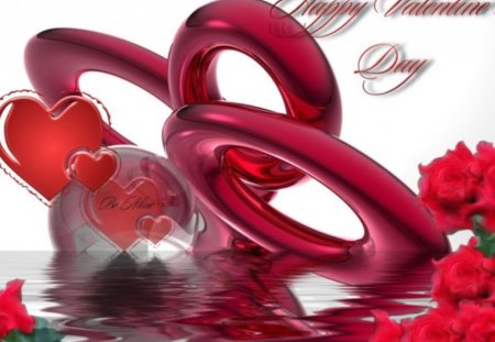 Valentines Day - roses, water, holiday, red, love, reflection, hearts