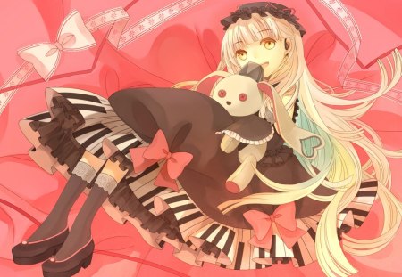 Cuddle Time! - bows, girl, pink, anime, long hair, cute, teddy bear, blonde