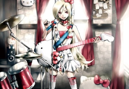 ~Hello Kitty Rocker~ - guitar, anime, instruments, drums, girl, cute, Hello Kitty