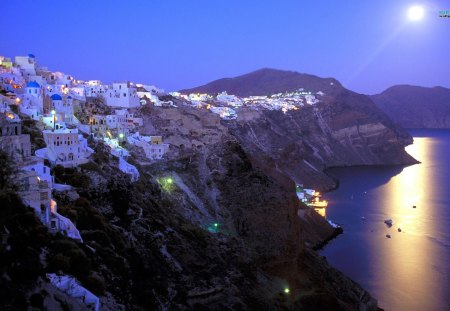 Beautiful View of Santorini - moonlight, landscape, hills, moon, santorini, ocean, buildings