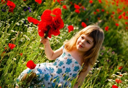 picking poppies - girls, field, poppies, red