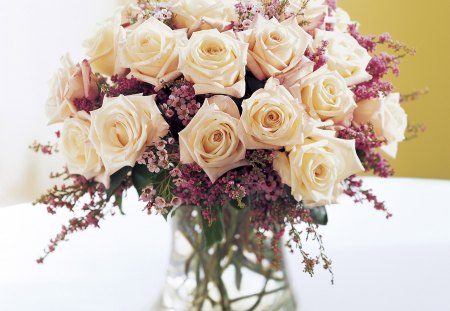 Bright and Pretty♥ - roses, beautiful, innocent, fashion, great, entertainment, pure, love, light, bouquet, tiny purple flowers, white, design, bright, floral