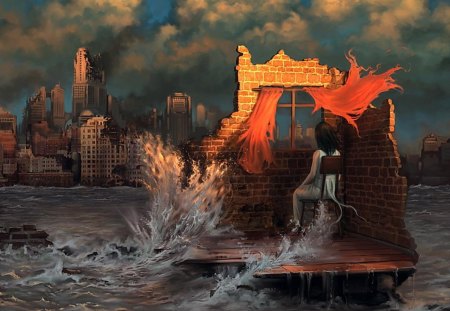 A View Of The Apocalypse - woman, apocalypse, chair, window, ruins, city, water