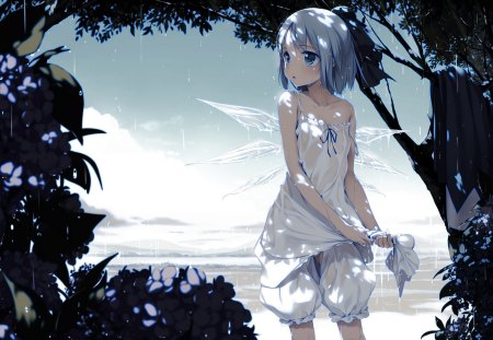 ~Into The Forest~ - pretty, anime, girl, forest, nature, usotsukiya, blue hair, Touhou, rain, wings