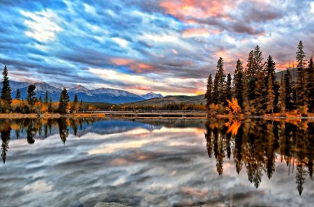 Beautiful Sky - autumn colors, splendor, sunrise, reflection, view, lake, sky, clouds, trees, water, beautiful, beauty, lovely, tree, fall, nature, sunset, autumn, mountains, peaceful