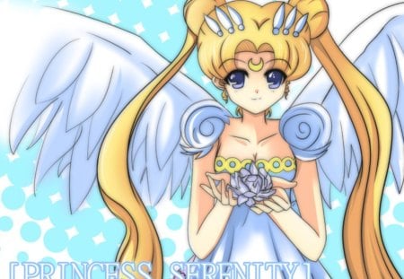 Princess Serenity - princess serenity, princess, female, hot, angel, magic, usagi, wings, anime girl, crystal tokyo, blonde hair, anime, feather, cute, tsukino usagi, sexy, girl, magical girl, twintails, blue eyes, long hair, londe, usagi tsukino, serenity, sailor moon, kawaii, twin tails, wing, crescent, sailormoon, serena, flower