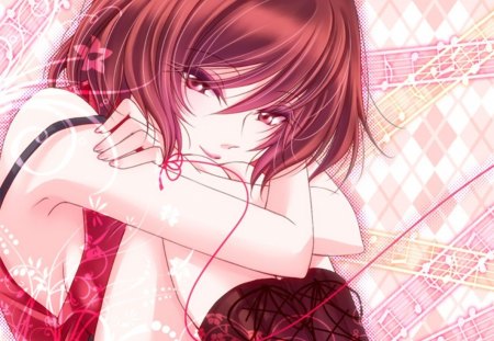 Meiko - anime, vocaloid, elegant, meiko, divine, female, sublime, music notes, short hair, red hair, gorgeous, red, abstract, anime girl, beautiful, hot, girl, beauty, red eyes, redhead, cute, sexy, vocaloids