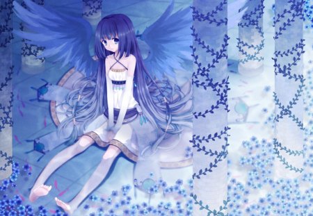 Blue Angel - anime, kawaii, female, wing, blue, blossom, dress, angel, pillar, long hair, blue hair, blue eyes, gown, anime girl, girl, feather, flower, fantasy, vine, wings, cute, floral