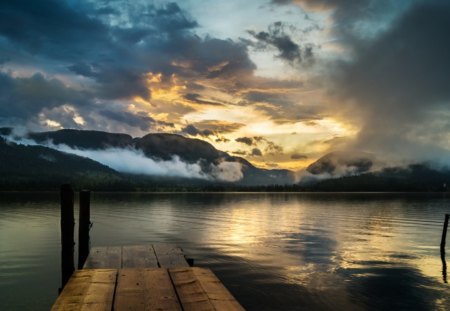 Landscape - sky, lake, pier, landscape, clouds, mountains, sunset