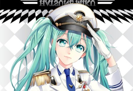 Miku Officer - anime, vocaloid, female, checker, hatsune miku, green eyes, green hair, long hair, uniform, hat, twin tails, anime girl, twintails, hot, girl, miku, cute, sexy, vocaloids