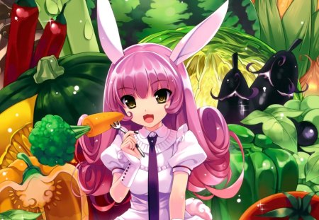 Let's Eat - female, pumpkin, tomato, anime girl, bunny, anime, food, carrot, cute, pepper, yellow eyes, vegetable, eggplant, adorable, girl, long hair, pink hair, usamimi, lovely, ears, eat, kawaii, chili, usa mimi, sweet, smile, happy, adore