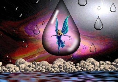 Fairy in raindrop - lake, raindrop, light, blue, rock, fairy, coloured background