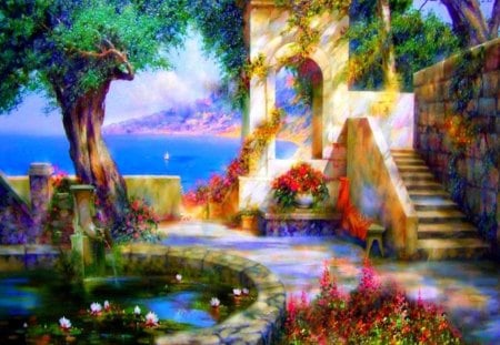 Beautiful View - painting, fountain, trees, colorful flowers, flower garden, beautiful color colors, flowers, sea