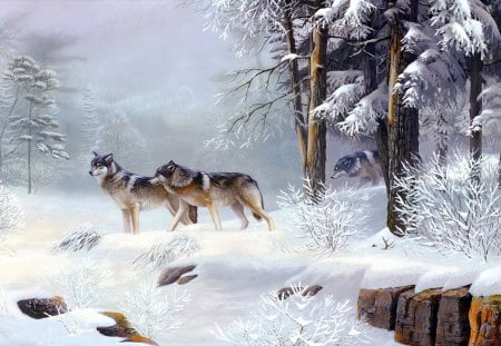 Winter wolves - pretty, wolf, snow, forest, frost, nice, art, woods, trees, winter, beautiful, snowy, lovely, wolves, ice, frozen, painting, cold