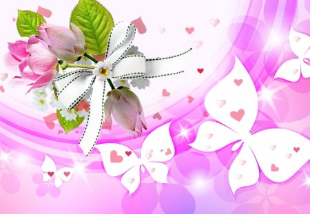 Butterflies and Hearts - papillon, roses, romantic, butterflies, spring, pink, Valentines Day, ribbon, bow, hearts