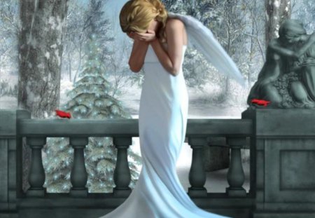 crying angel - house, trees, pine trees, winter, brown, snow, crying angel, blue sky, blonde hair, white dress, beautiful woman, sculptures, white wings, balcony