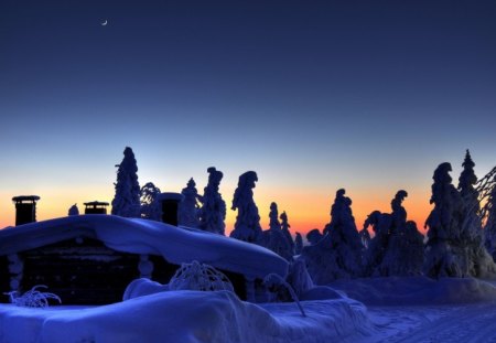 winter night - cottage, blue, snow, night, winter, finland, sunset, road