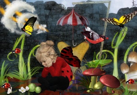 Ladybug - ladybug, mushroom, butterfly, girl, red, fairy