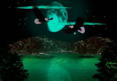 Green Glow - eagles, lakes, mountains, water, moon, birds