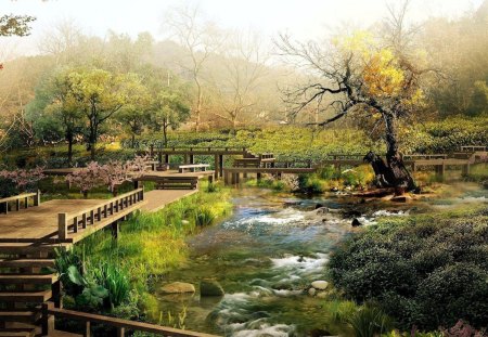 Japanese Garden - sky, trees, water, white, river, architecture, green, rock, grass, bridge, daylight, day, plants, bushes, nature, forest, leaves