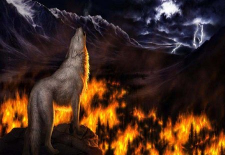 Powerful Howl - skies, abstract, lightening, fantasy, fire, wolf, animals