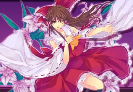 Hakurei Reimu - female, hot, brown eyes, anime girl, brown hair, touhou, anime, wink, reimu, cute, sexy, girl, shrine maiden, long hair, gown, hakurei reimu, red, dress